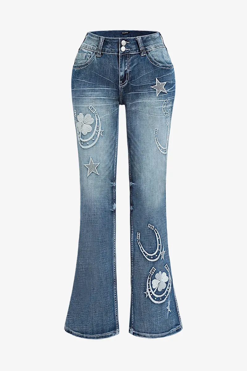 Star & Moon Pattern Button Front Mid Rise Bootcut Jeans