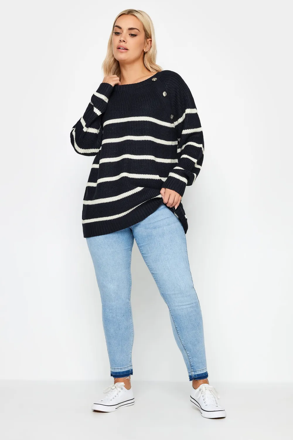 YOURS Curve Navy Blue Stripe Button Detail Jumper