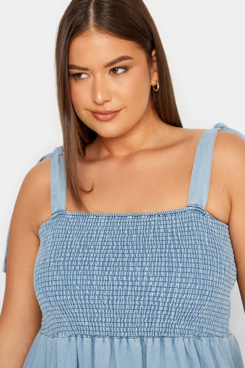 LTS Tall Blue Denim Shirred Tiered Midi Dress