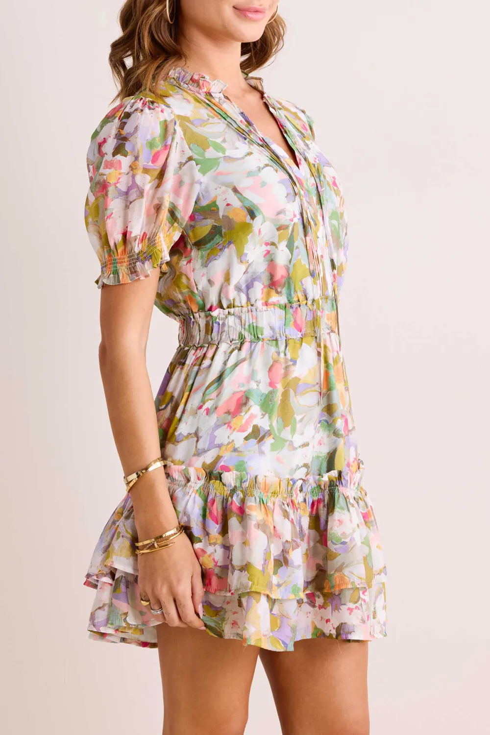 Multicolored Floral Print V-Neck Puff Sleeve Ruffled Dress