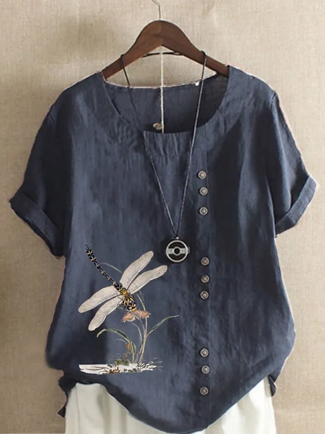 Women's Linen Shirt T shirt Tee Blouse White Pink Blue Floral Button Print Short Sleeve Daily Going out Weekend Streetwear Crewneck Regular Fit Summer Spring