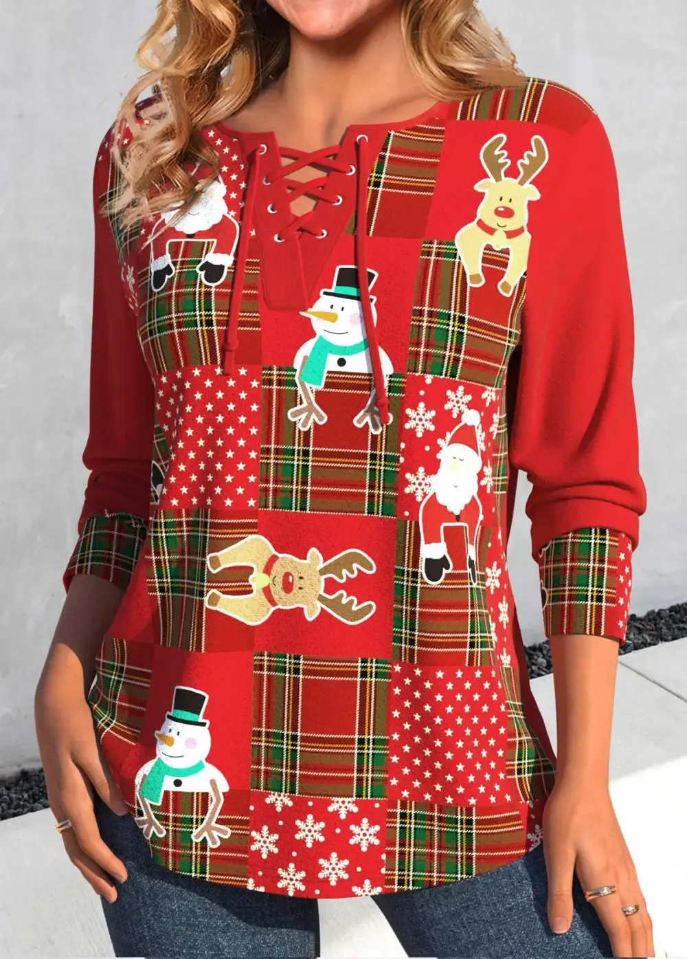 Red Patchwork Christmas Print Long Sleeve T Shirt