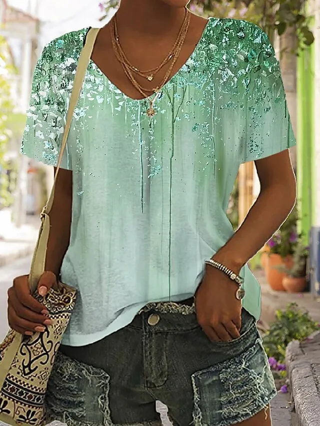 Women's T shirt Tee Pink Red Blue Graphic Asymmetrical Print Short Sleeve Daily Weekend Basic V Neck Regular Fit Abstract Painting