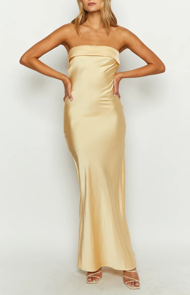 Strapless Yellow Satin Maxi Dress