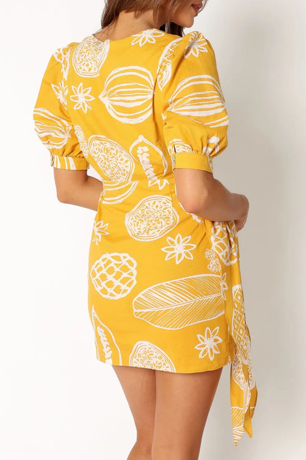 YELLOW PRINTED PATTERN WRAP MINI DRESS
