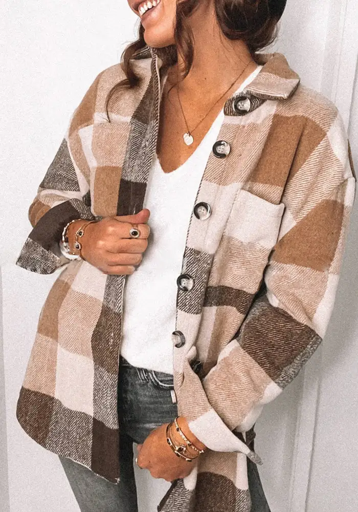 Mitbloom Fashion Lapel Loose Plaid Jacket Tops