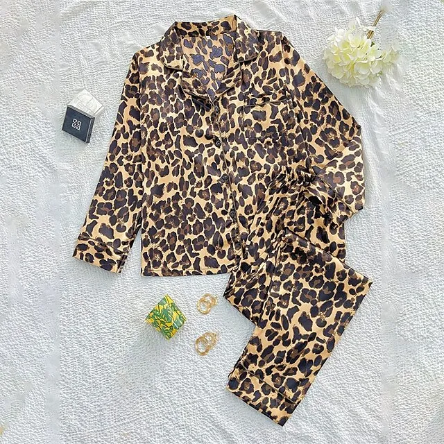 Women's Pajamas Sets Pjs 2 Pieces Leopard Stripe Fashion Simple Comfort Home Daily Vacation Satin Breathable Gift Lapel Long Sleeve Pant Button Elastic Waist Fall Spring Light Pink Black