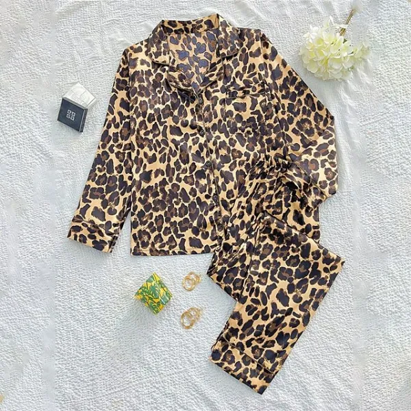 Women's Pajamas Sets Pjs 2 Pieces Leopard Stripe Fashion Simple Comfort Home Daily Vacation Satin Breathable Gift Lapel Long Sleeve Pant Button Elastic Waist Fall Spring Light Pink Black