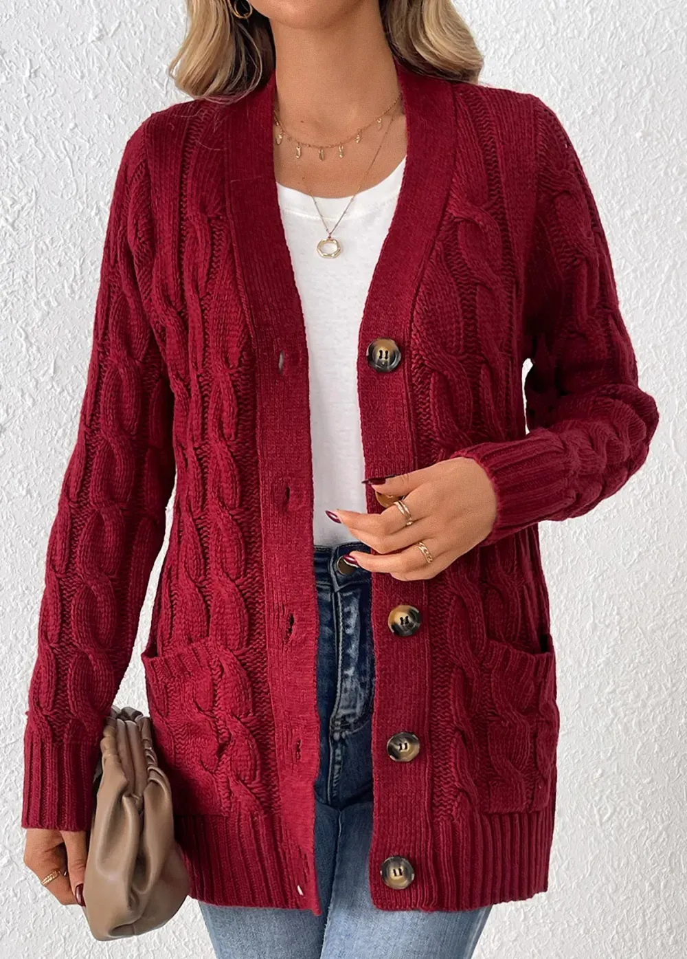 Wine Red Button Long Sleeve V Neck Cardigan