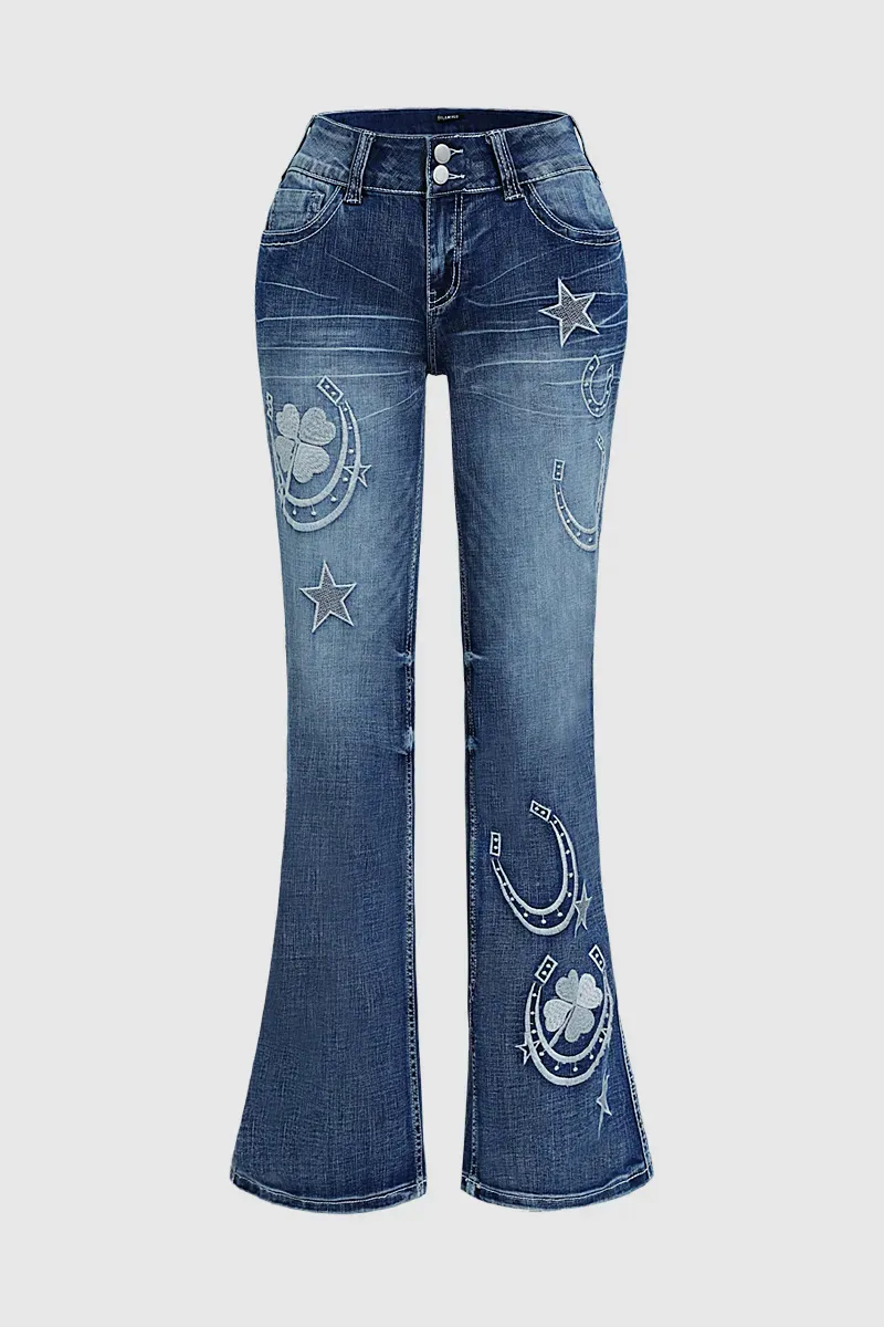 Star & Moon Pattern Button Front Mid Rise Bootcut Jeans