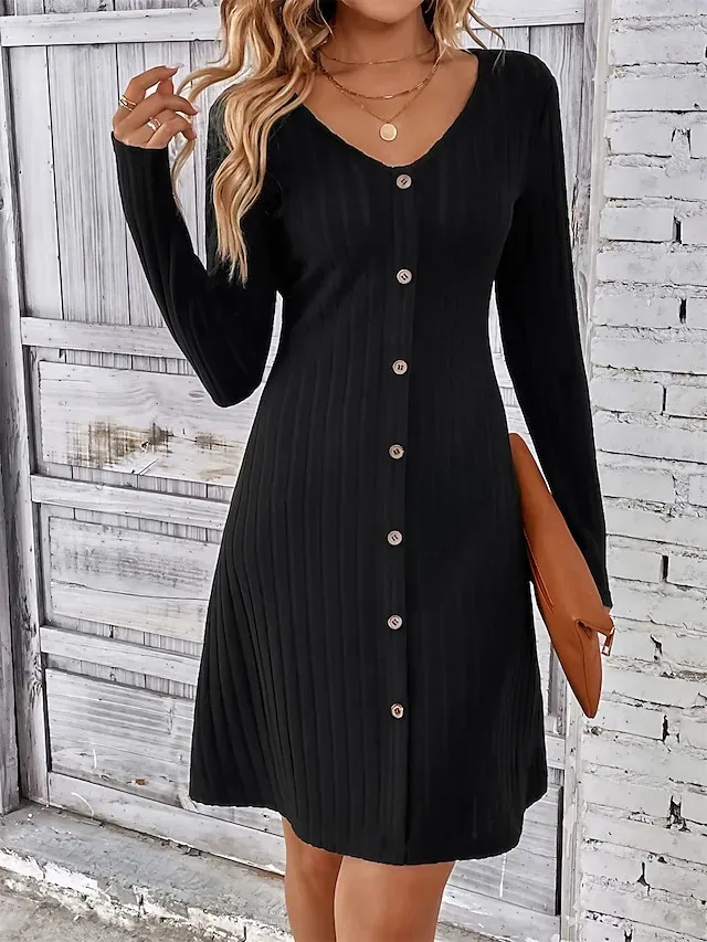 Women's Sweater Dress Jumper Dress Casual Dress Mini Dress Knitwear Fashion Modern Outdoor Daily Going out Weekend V Neck Long Sleeve Button Up Button 2023 Regular Fit Black Light Green Fuchsia S M L