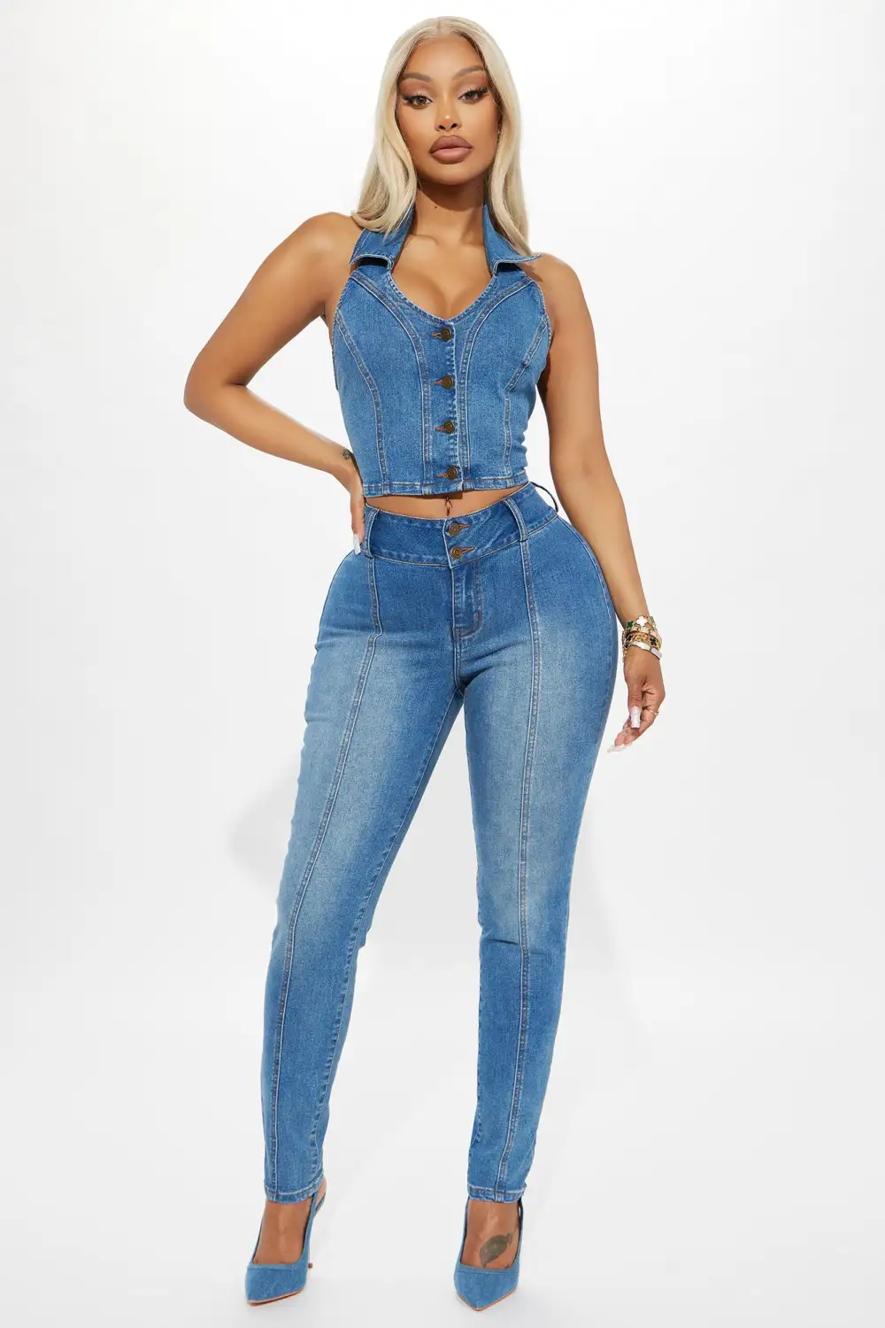 In Your Head Stretch Denim Halter Top - Medium Wash