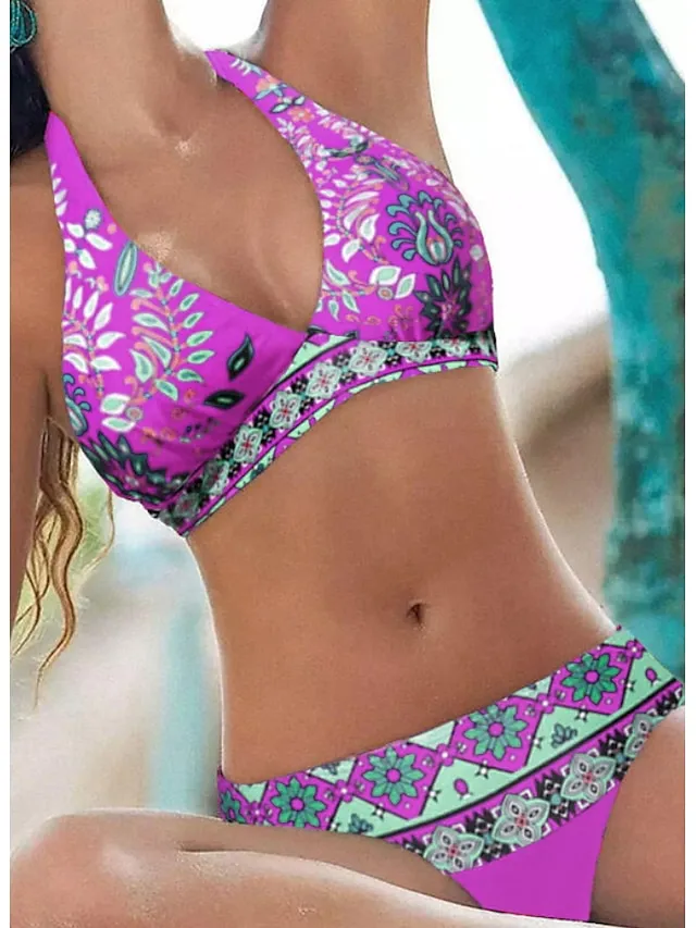 Women's Swimwear Bikini Bathing Suits 2 Piece Normal Swimsuit Halter 2 Piece Sexy Floral Print Light Green Pink Purple Padded V Wire Bathing Suits Sports Vacation Beach Wear