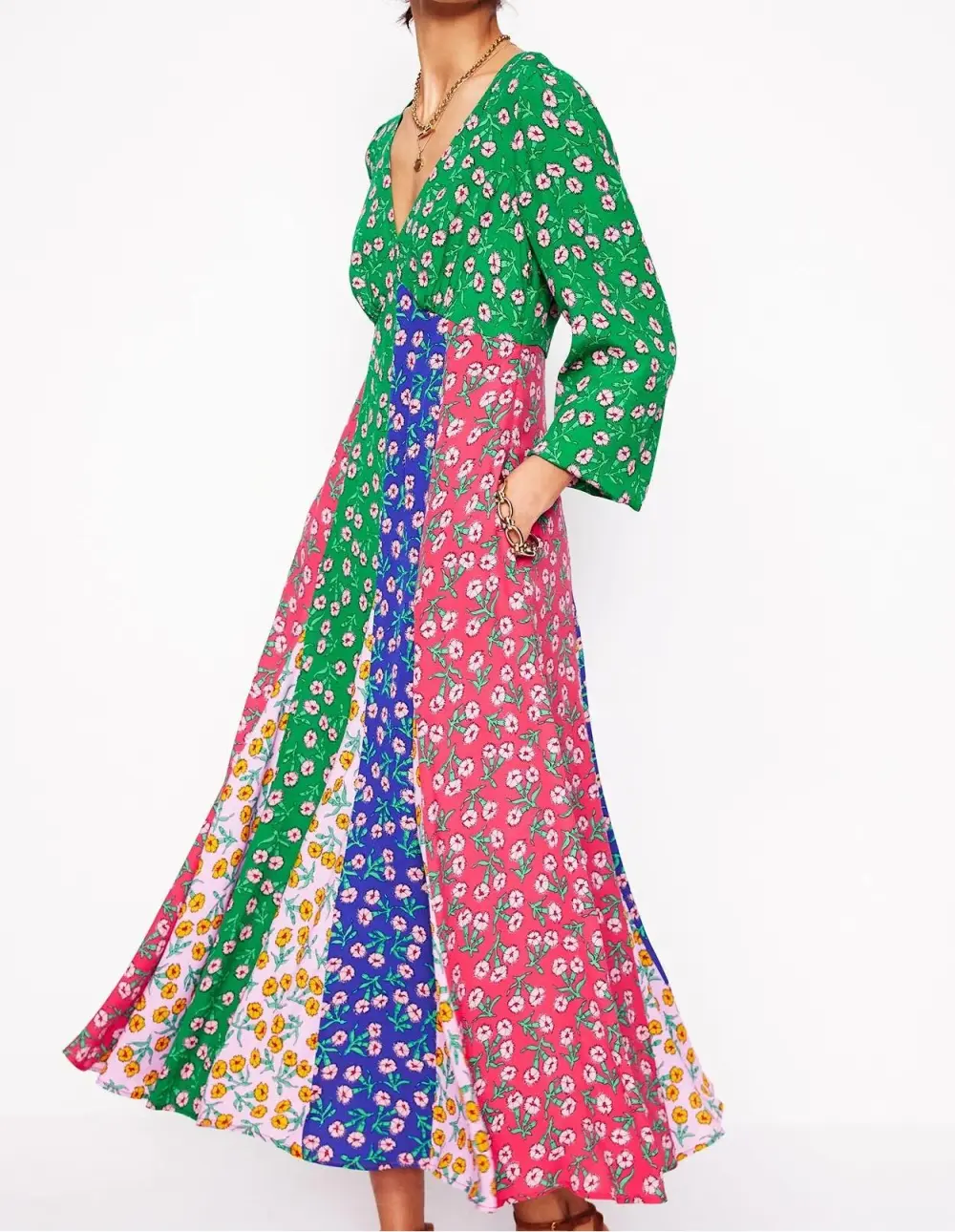 Multicolor Patchwork Long - Sleeve Tea Dress
