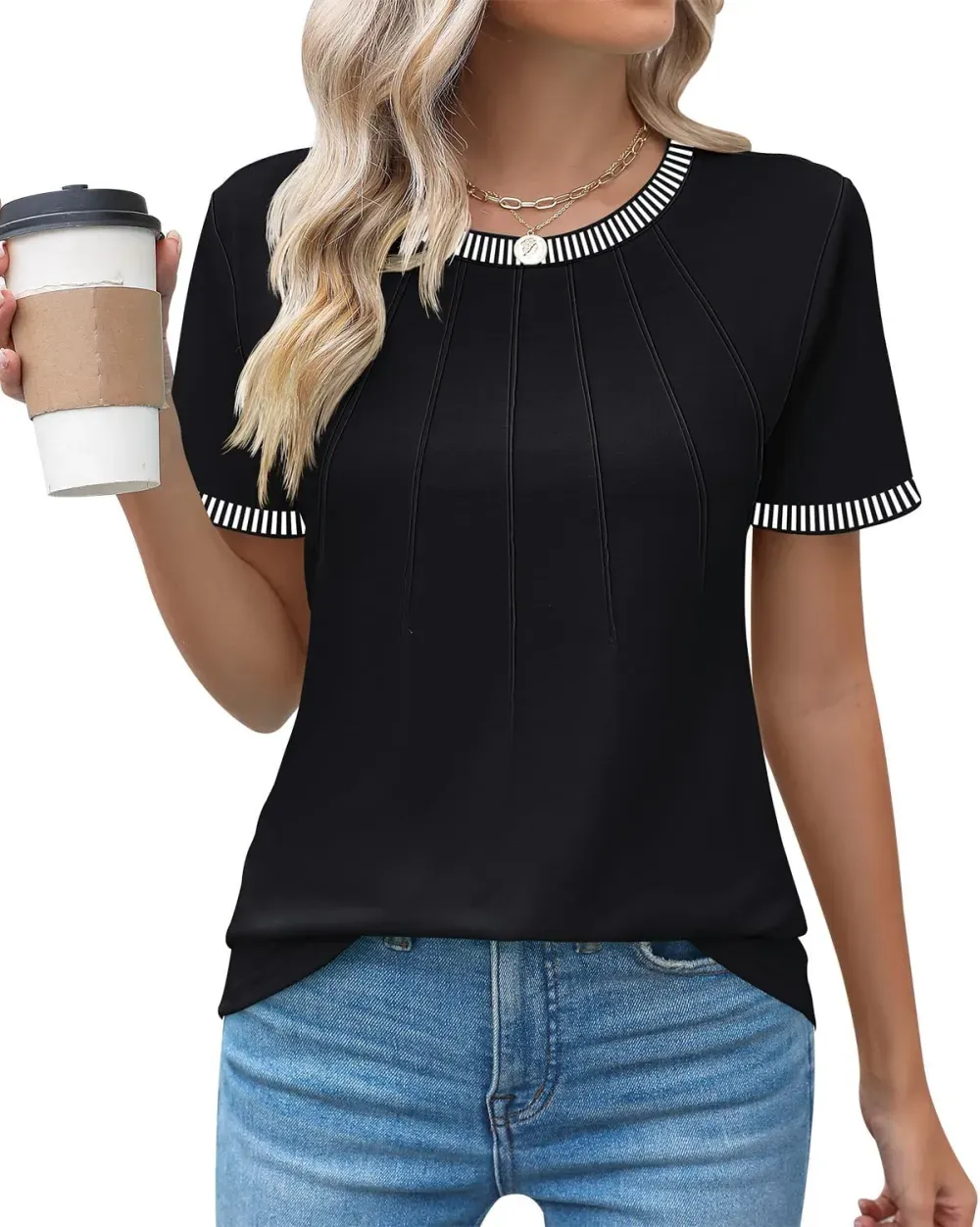 Kistore Womens Casual Crew Neck Short Sleeve Pleated Tops Blouses Fashion Clothes 2024