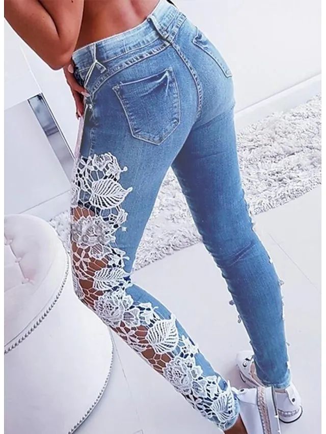 Women's Jeans Pants Lace Splicing Trousers Denim Light Blue Casual Street Daily Wear Full Length Breathability Patchwork S M L XL 2XL