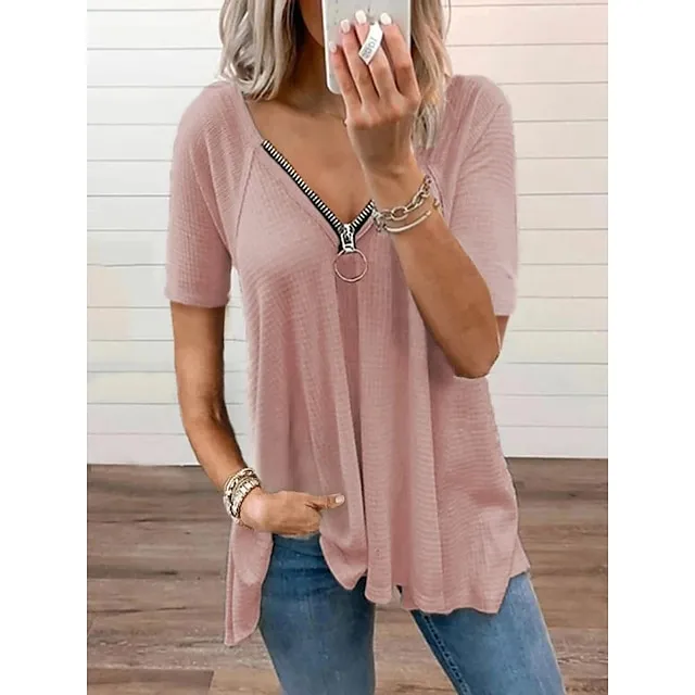 Women's T shirt Tee White Pink Light Grey Plain Short Sleeve Casual Daily Basic V Neck Regular S