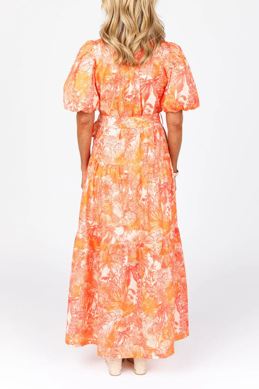 Orange Puff Sleeve Tie-Waist Midi Dress
