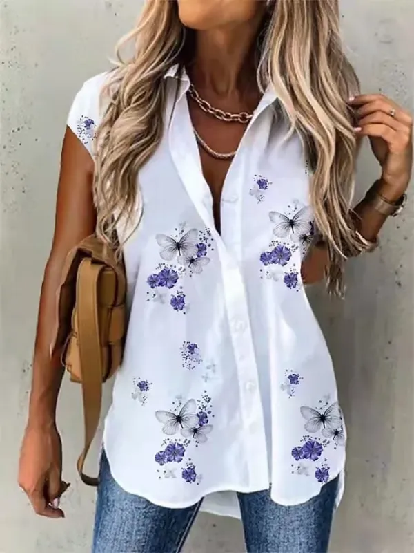 Women's Shirt Blouse Black White Blue Butterfly Button Print Short Sleeve Casual Weekend Basic Shirt Collar Regular Butterfly S