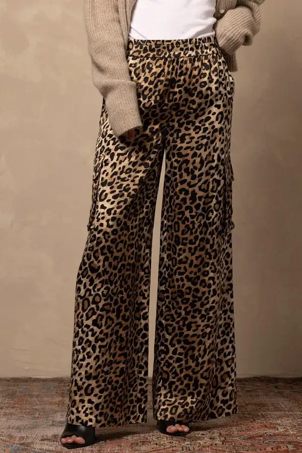 Leopard-Print Silk Cargo Wide-Leg Pants