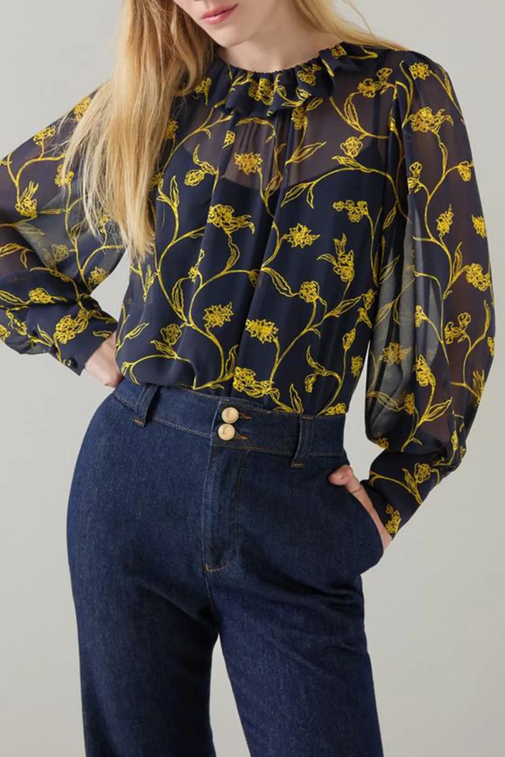 Navy Blue Floral Print Sheer Long Sleeve Shirt