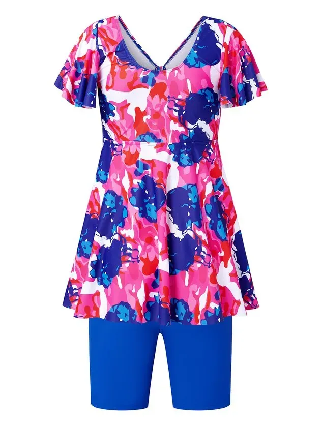 Casual Floral Printing V Neck Tankinis Two-Piece Set