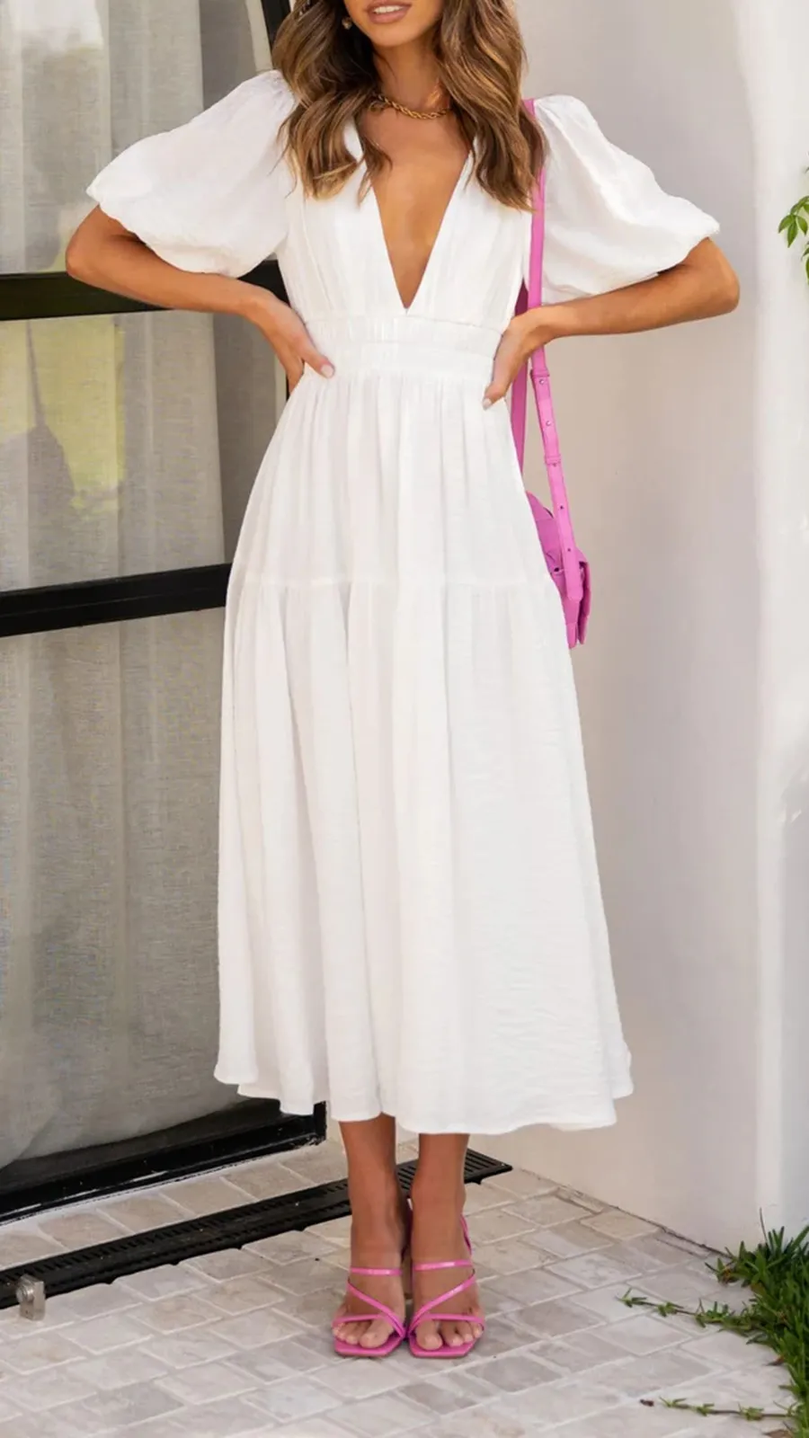 Solid Color Puffy Midi Dress