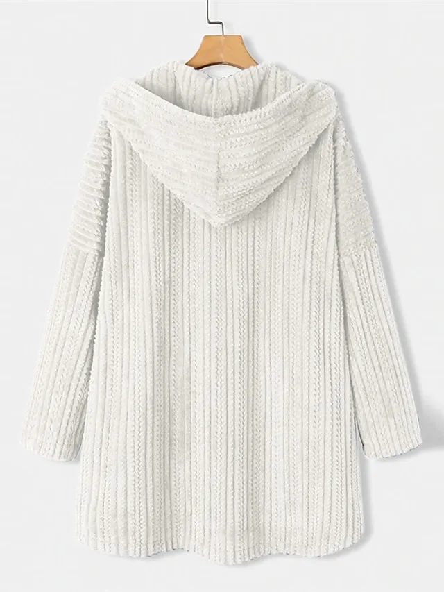 Women's Plus Size Teddy Coat Winter Coat Button Pocket Plain Outdoor Causal Long Sleeve Hoodie Regular Winter Fall Black Blue Khaki XL XXL 3XL 4XL 5XL