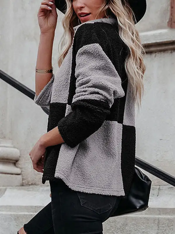 Lapel Contrast Panel Long Sleeve Fleece Jacket