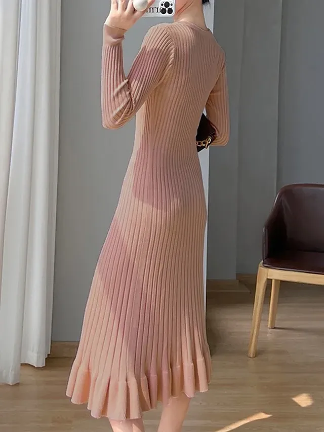 Women's Sweater Dress Knit Dress Jumper Dress Midi Dress Knitwear Elegant Fashion Pure Color Outdoor Daily Vacation Going out Crew Neck Long Sleeve Ruffle Patchwork 2023 Regular Fit Black Pink Beige