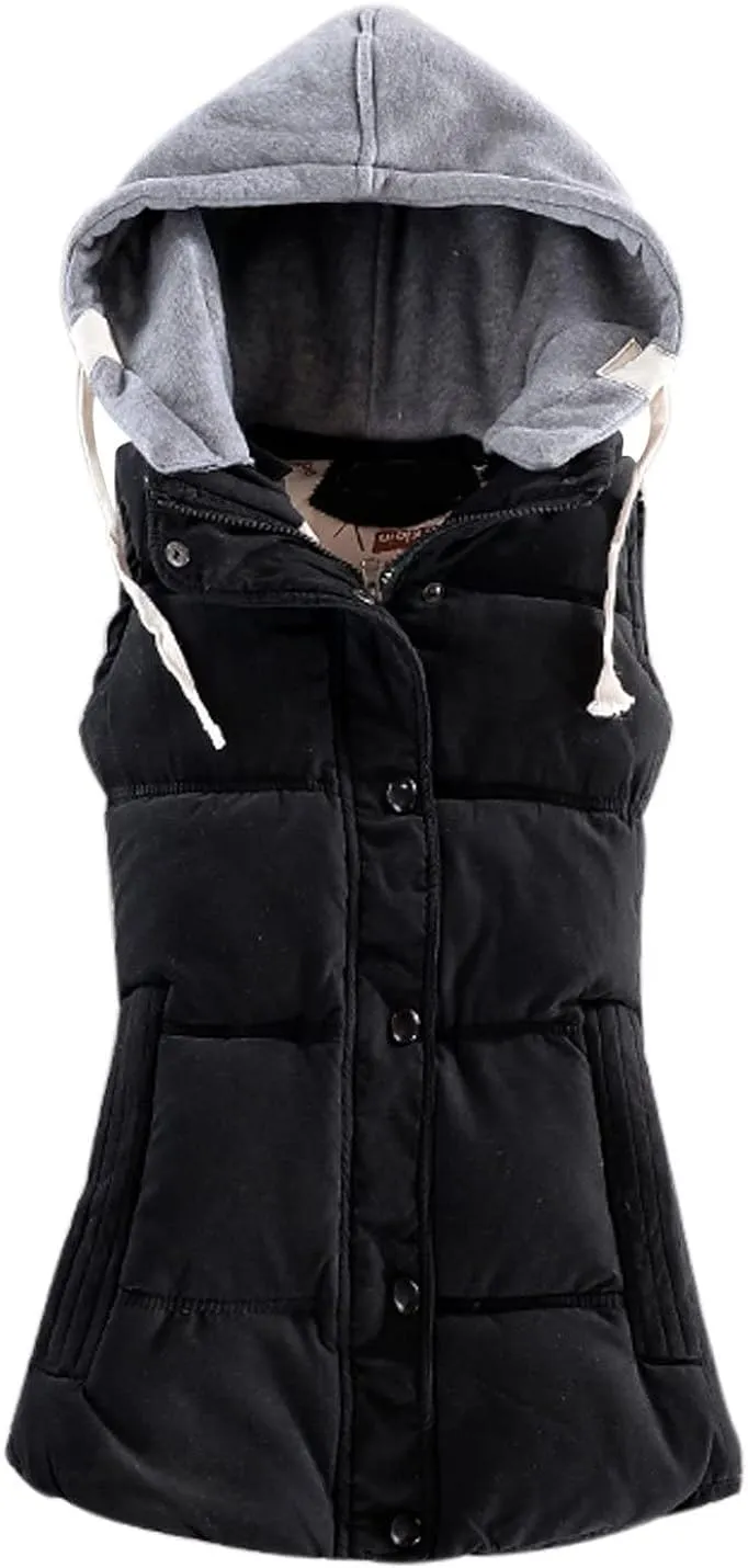 Women's Slim Sleeveless Quilted Removable Hooded Winter Puffer Vest Coat