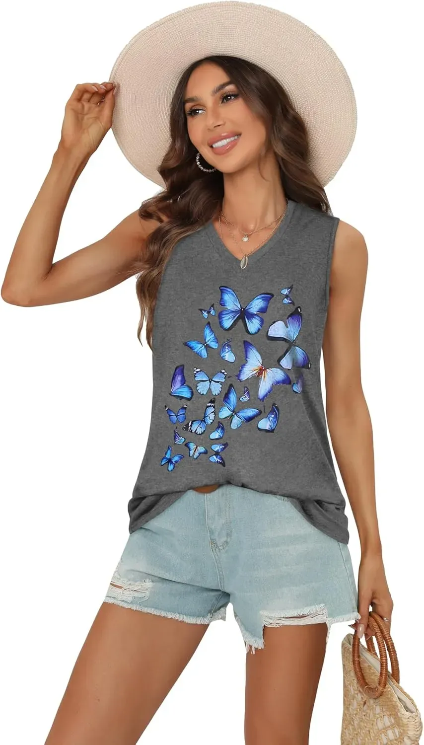 Summer Tops for Women Sleeveless V Neck Tshirt Loose Fit Casual Tank Tunic Blouse