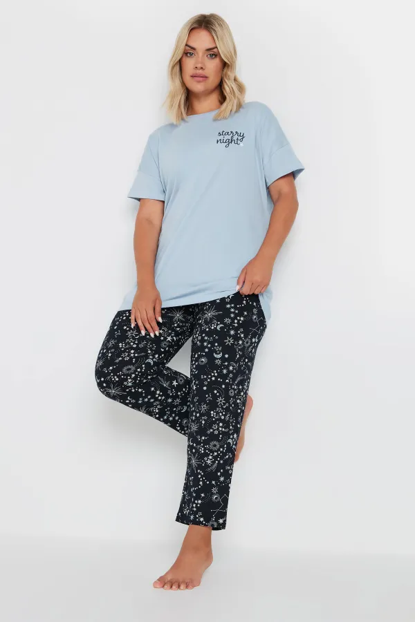 YOURS Curve Blue 'Starry Night' Star Print Wide Leg Pyjama Set