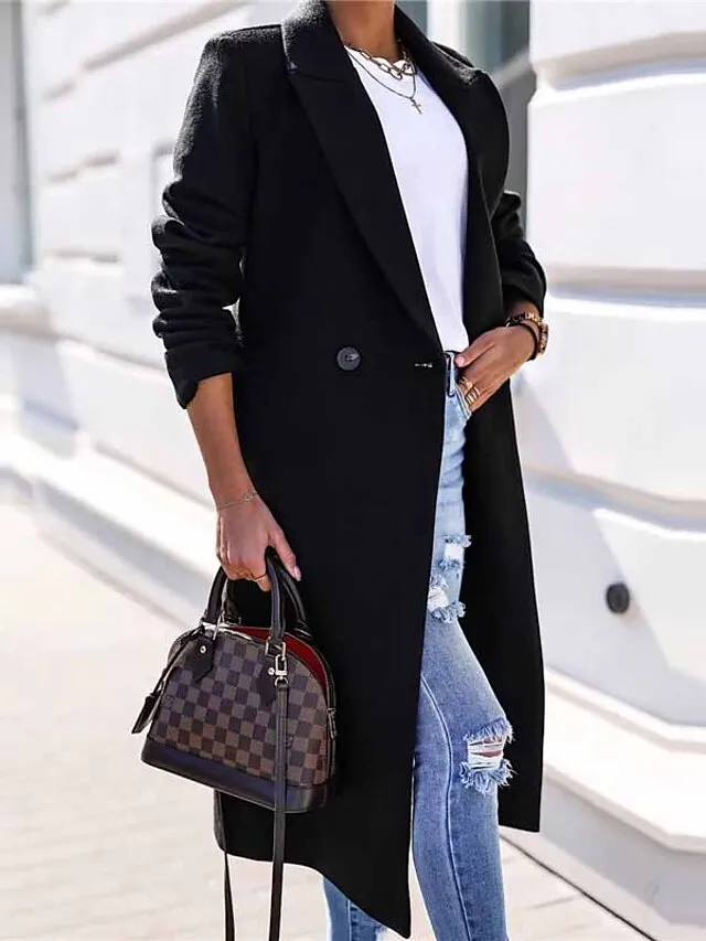 Women's Winter Coat Coat Warm Breathable Work Office / Career Daily Wear Vacation Pocket Drawstring Buttoned Front Turndown Elegant Lady Modern Formal Solid Color Regular Fit Outerwear Long Sleeve