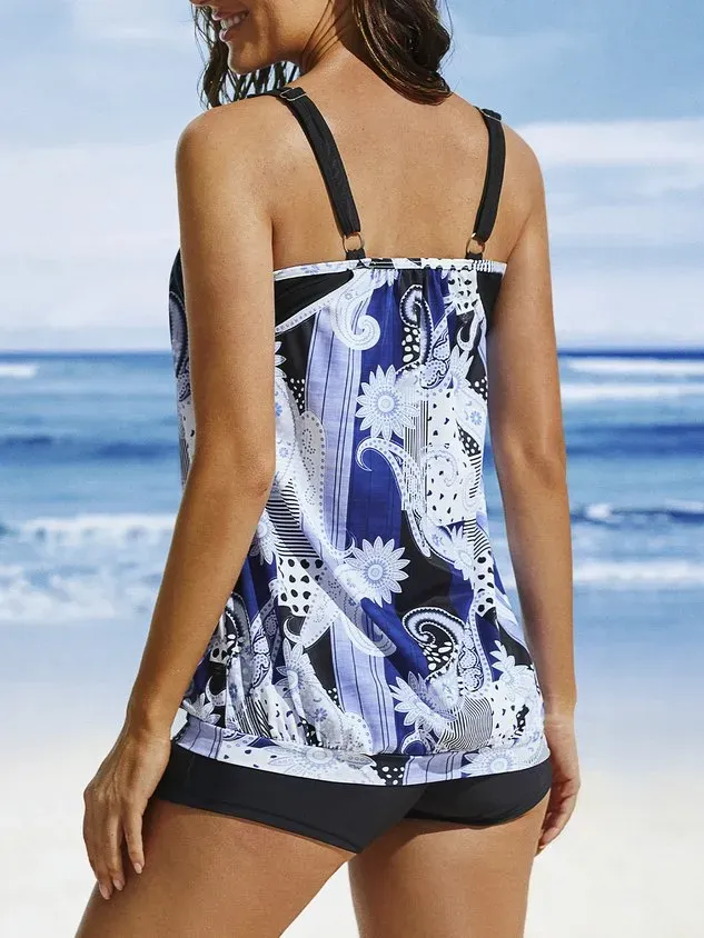 Vacation Ethnic Printing Scoop Neck Tankinis Two-Piece Set