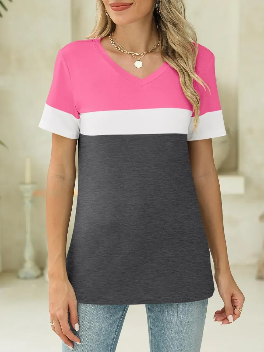 ORANDESIGNE Women's Color Block Short Sleeve T Shirts Casual V Neck Summer Tops Tees Loose Fit Blouses