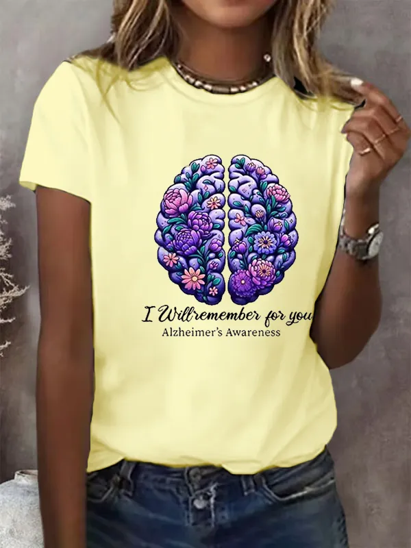 Women'S Alzheimer'S Awareness I Will Remember For You Floral Printed Short Sleeve T-Shirt