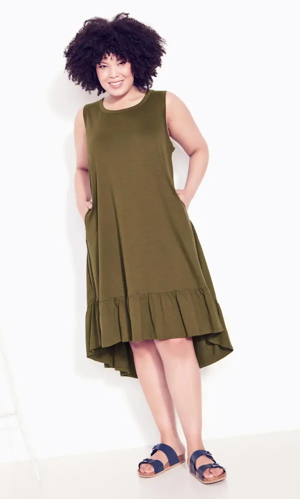 Evans Khaki Green Dipped Frill Hem Midi Dress