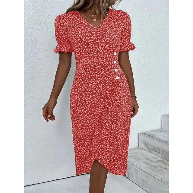 Women's Casual Dress Wrap Dress Floral Dress Floral Button Print V Neck Midi Dress Fashion Classic Daily Holiday Short Sleeve Regular Fit Black Dark Red Yellow Summer Spring S M L XL XXL
