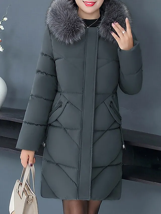 Women's Parka Long Puffer Jacket Winter Coat Zip up Coat with Fur Collar Thermal Warm Heated Coat Fall Outerwear with Pockets Warm Classic Long Sleeve Purple Red