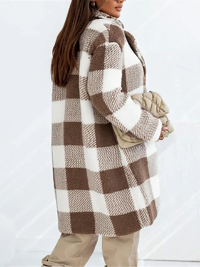 Women's Winter Coat Fleece Jacket Sherpa Jacket Thermal Warm Plaid Teddy Coat Open Front Lapel Long Coat with Pocket Fall S M L XL 2XL