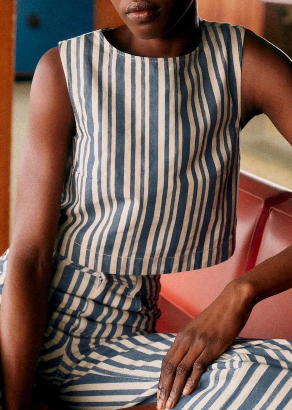 Sleeveless Striped Denim Jacket