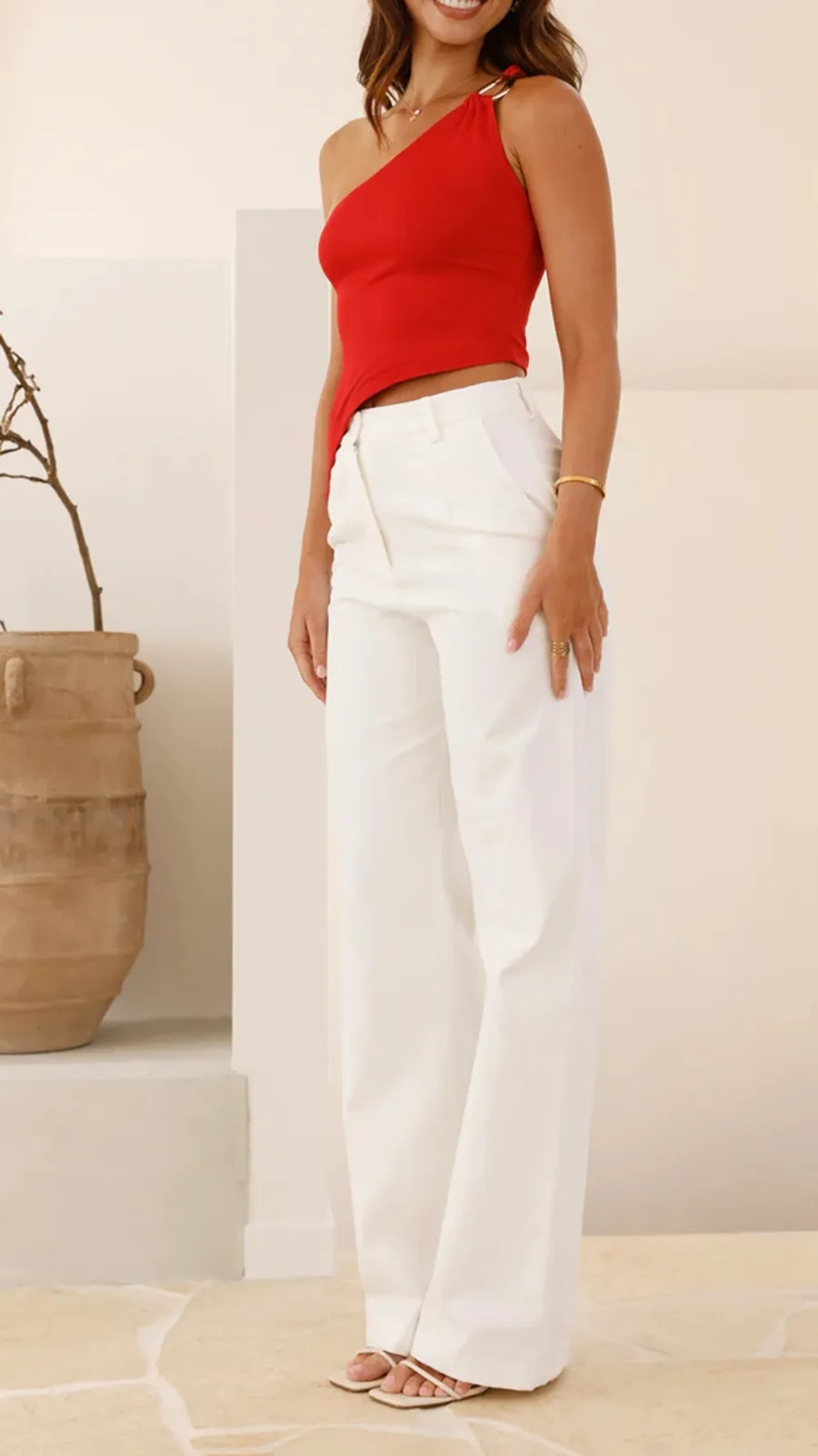 Red Slanted Neckline Top