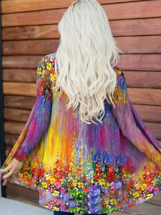 Vintage Flower Oil Painting Gradient Print Long Sleeve Cardigan
