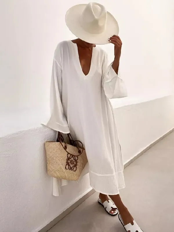 Vacation Flared Sleeves Solid Color Deep V-Neck Midi Dresses