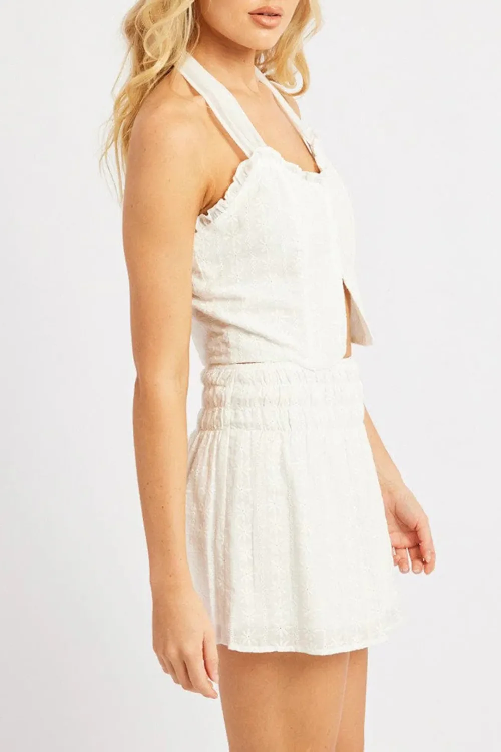 White Halter Crop Top Sleeveless Eyelet