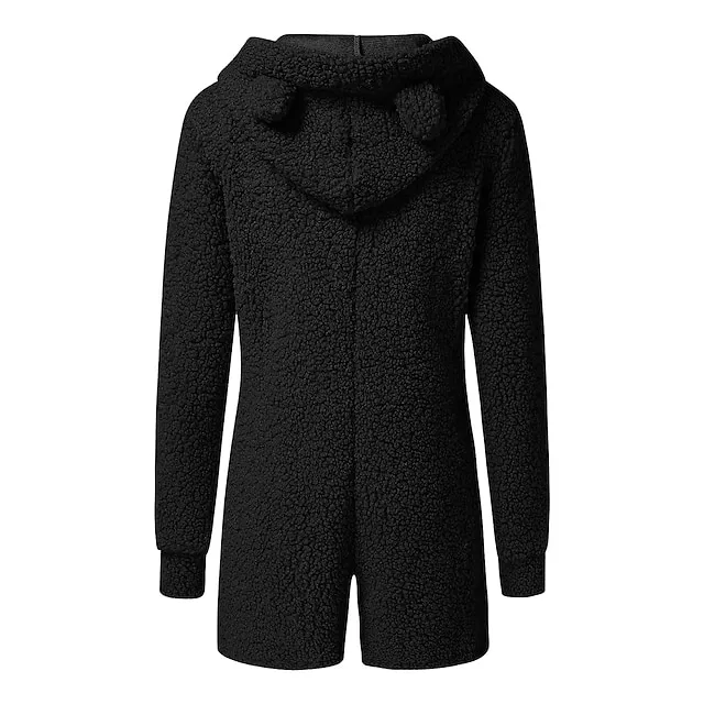 Women's Fleece Adult Onesies Bear Onesie Pajamas Pjs Pure Color Warm Simple Plush Party Home Fleece Hoodie Long Sleeve Fall Winter Skin powder Black