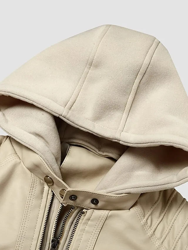 Women's Faux Leather Fall Hoodie Moto Biker Hoodie Jacket Windproof Warm Pocket Sports Solid Color Maillard Outerwear Long Sleeve Winter Fall Black Camel Red Street Casual Daily  M L XL