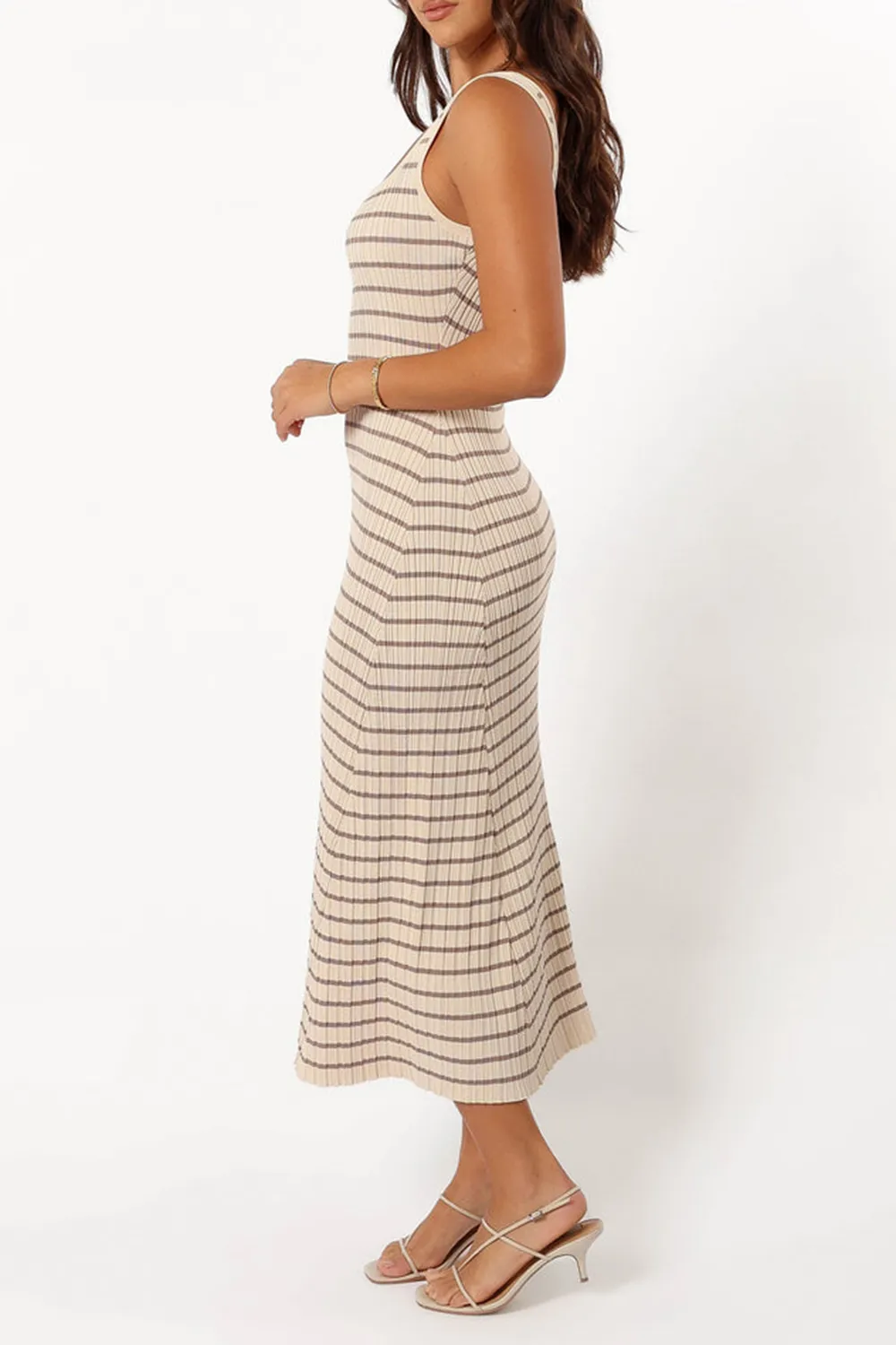 BLACK BEIGE STRIPED MIDI DRESS
