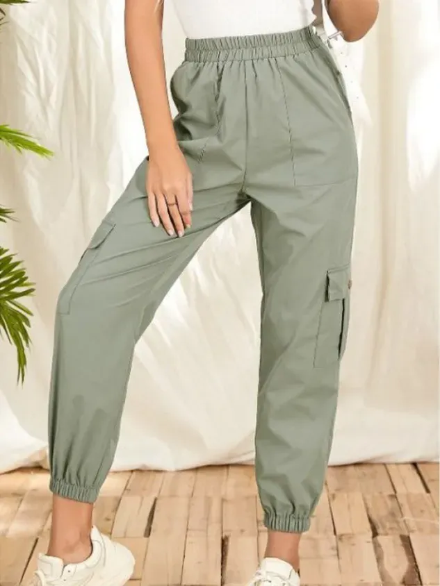 Casual Plain Mid Waist Long Cargo Pants